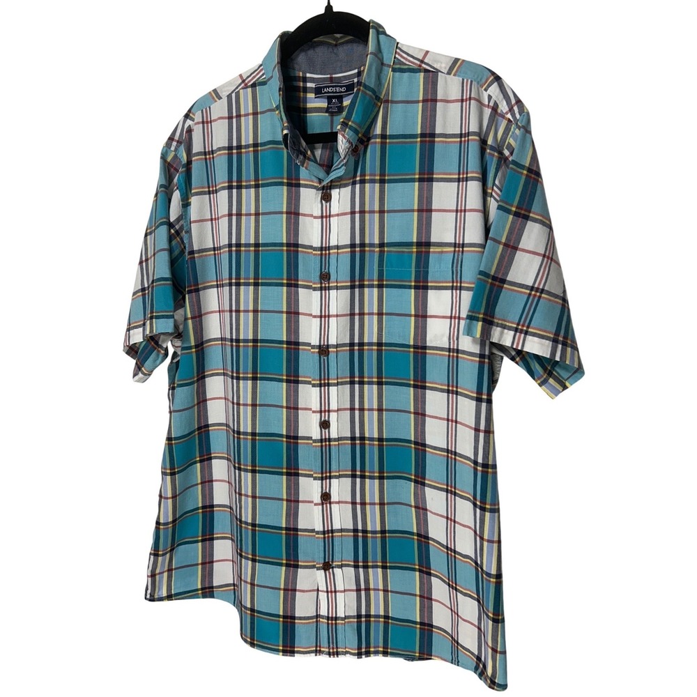Lands End Mens XL Traditional Fit Short Sleeve Plaid Button Down‎ Shirt